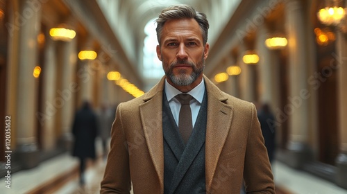 A well-dressed man stands confidently in a grand hallway during the evening