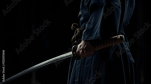 Partial view of kendo fighter holding bambo sword on black