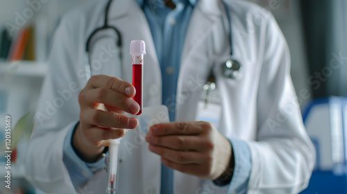 Cropped view of doctor with stethoscope holding test tube with blood