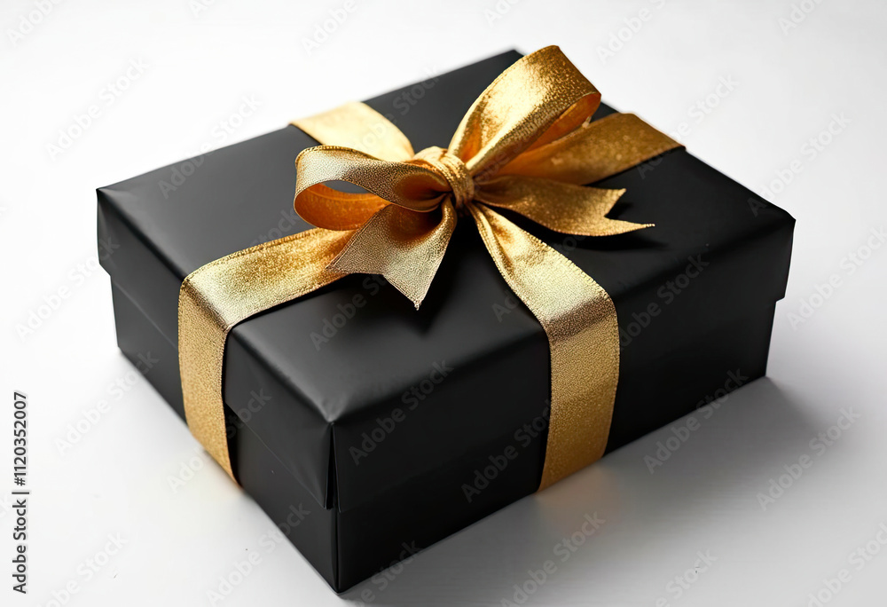 Black gift box with golden ribbon isolated on white background luxury present birthday anniversary wedding Christmas holiday Valentines day mothers day fathers day concept surprise gift giving Black gift box with golden ribbon isolated on white background luxury present birthday anniversary wedding Christmas holiday Valentines day mothers day fathers day concept surprise gift giving