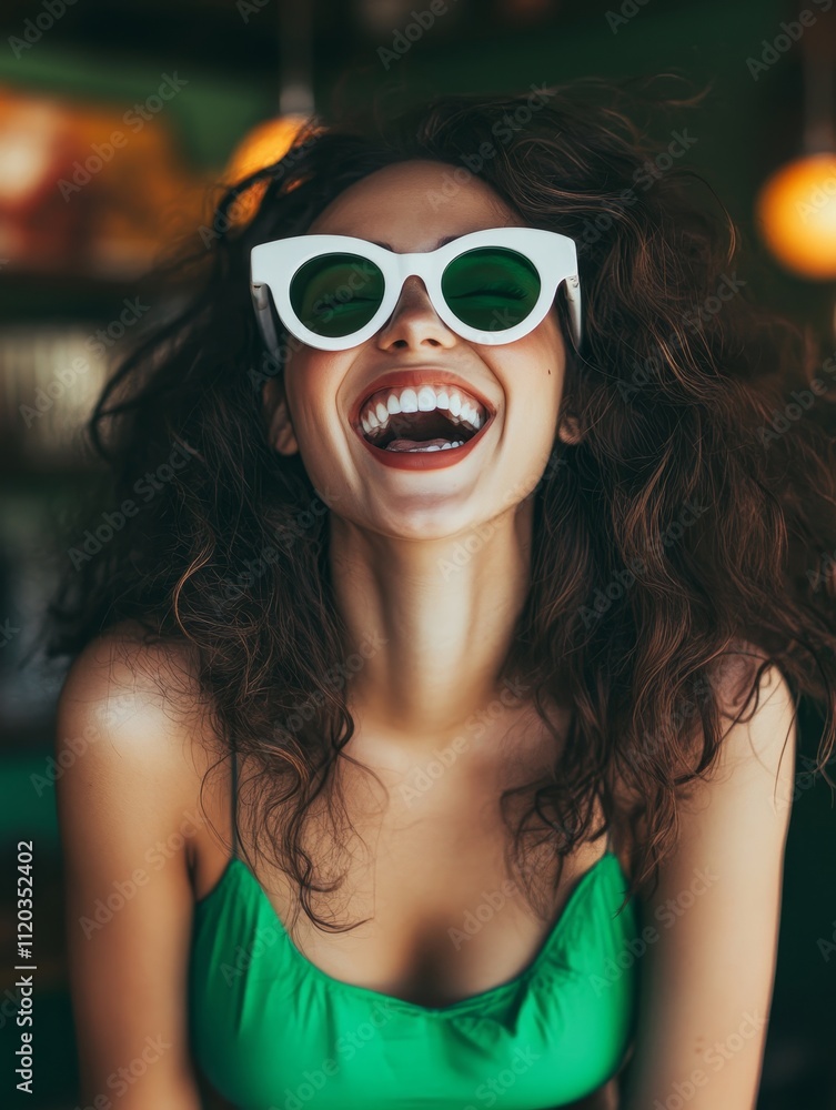 Radiant Woman in Green Top and White Sunglasses - Joyful, summery, carefree, stylish, and vibrant woman laughing. Radiant Woman in Green Top and White Sunglasses - Joyful, summery, carefree, stylish, and vibrant woman laughing.
