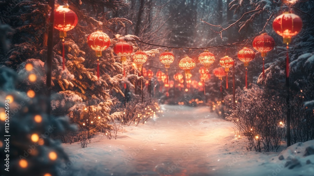 Naklejka premium Snowy path illuminated by red lanterns in winter forest.
