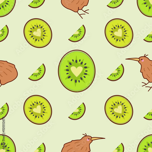 Vector seamless pattern kiwi fruit and kiwi bird