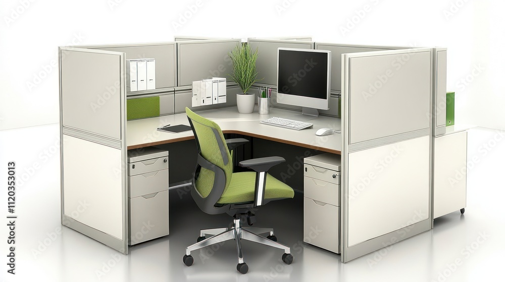 Modern corner office cubicle workstation with computer, chair, and storage. Modern corner office cubicle workstation with computer, chair, and storage.