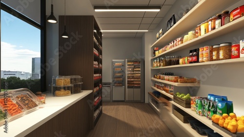 Modern office pantry with snacks, drinks, and food.