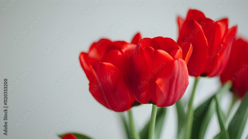 selective focus of red tulip flowers isolated on white