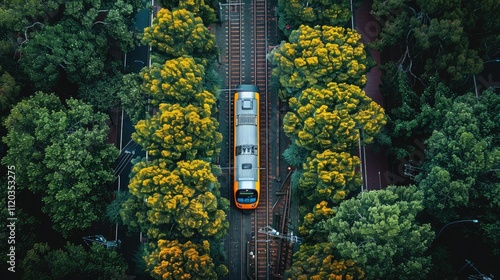 Aerial view of a train traveling through a lush green landscape with yellow flowering trees.