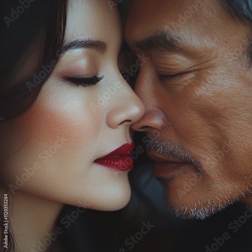 Pareja de chinos, coreanos, japoneses, amándose y dándose cariño, hombre y mujer demostrando amor muy pegados. photo