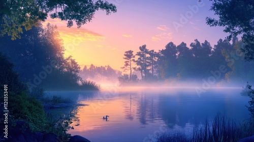 Serene sunrise over misty lake with tranquil reflection and birds.