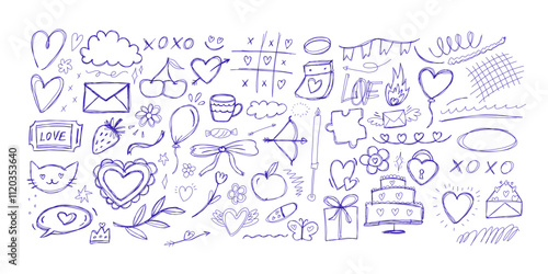 Blue ballpen scribble Valentine's Day art collection. Simple scratch squiggle lines set. Hand drawn hearts, underline strokes, doodles and arrows. Grunge marker stroke