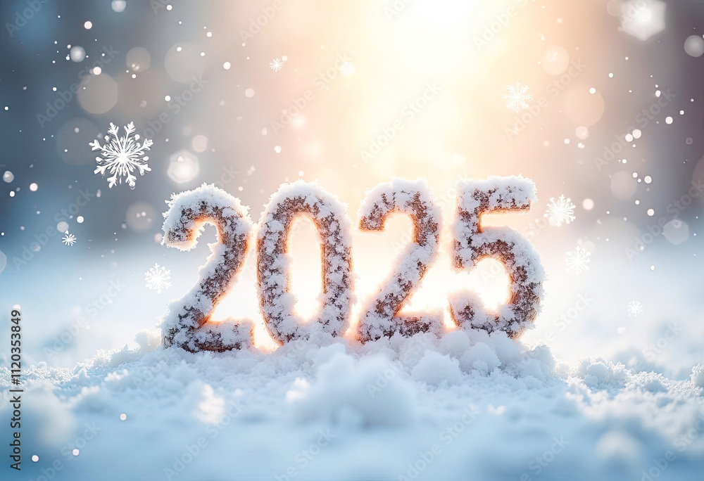 Happy New Year 2025 Snowy Numbers in Winter Wonderland Background with Snowflakes and Sunlight for Greeting Cards and Festive Designs Happy New Year 2025 Snowy Numbers in Winter Wonderland Background with Snowflakes and Sunlight for Greeting Cards and Festive Designs