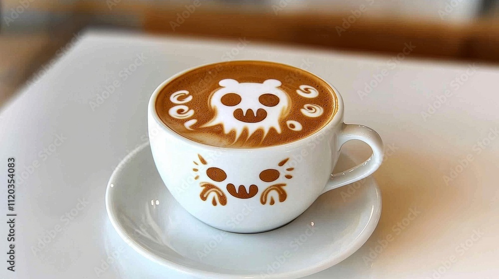 Obraz premium Creative Coffee Art with Cute Animal Faces in a White Cup on a Clean Table, Showcasing Beautiful Latte Art Designs and Inviting Ambiance