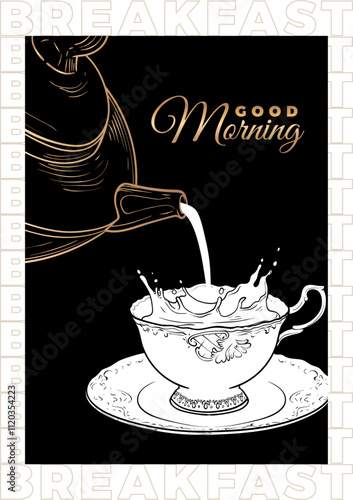 Elegant hand drawn vector tea and coffee poster.  illustration with a side view coffee/tea cup and pot. Design ready to be used in online and print projects for bar or cafes such as menus or posters.