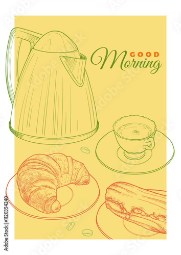 Hand drawn vector breakfast poster. Illustration with a side view coffee/tea cup, pastry, teapot. Design ready to be used in online and print projects for bar or cafes such as menus or posters.