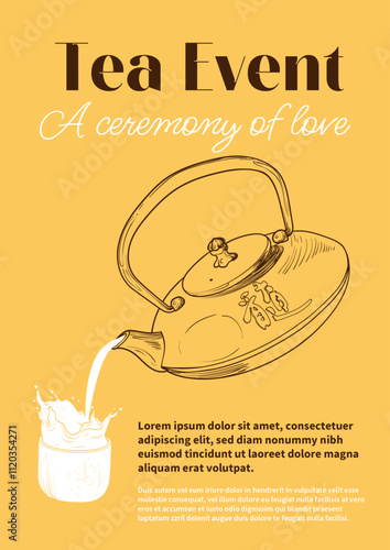 Hand drawn vector tea and coffee poster. Illustration with a side view coffee and tea mug and pot. Design ready to be used in online and print projects for bar or cafes such as menus or posters.