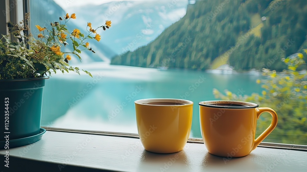 Obraz premium Two coffee cups sit on a windowsill with a scenic mountain view and flowers nearby.