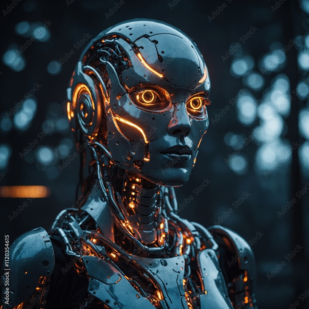 A futuristic robotic fashion accessory glowing with LED lights. A futuristic robotic fashion accessory glowing with LED lights.