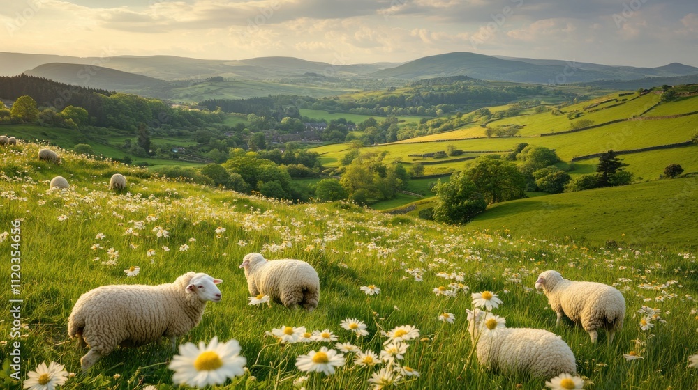 Idyllic pastoral scene sheep graze in a daisy-filled meadow overlooking a picturesque valley at sunset. Idyllic pastoral scene sheep graze in a daisy-filled meadow overlooking a picturesque valley at sunset.
