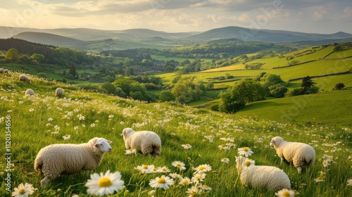 Fototapeta Naklejka Na Ścianę i Meble -  Idyllic pastoral scene sheep graze in a daisy-filled meadow overlooking a picturesque valley at sunset.