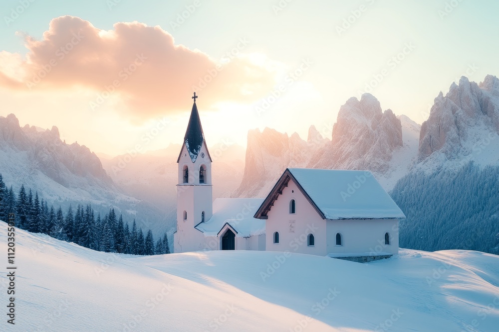custom made wallpaper toronto digitalSerene Winter Church in the Majestic Alps at Sunrise - Peaceful winter scene, snow-covered church, sunrise, majestic mountains, tranquil atmosphere. Symbolizes peace, faith, hope, serenity, and winter