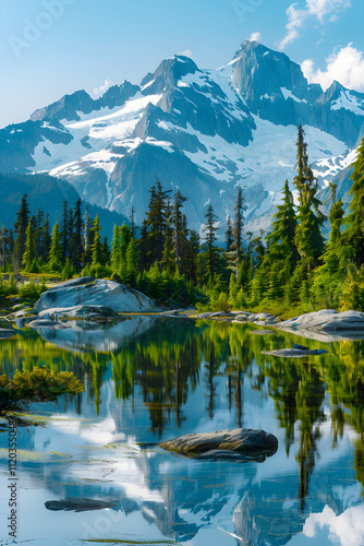 Pristine Mountain Landscape with Reflective Lake, Greenery, and Snow-Capped Peaks on a Clear Day