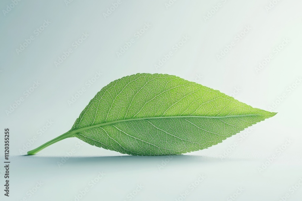 Obraz premium Single Green Leaf on Light Background - Stock Photo - Nature, growth, purity, freshness, spring. A vibrant single leaf symbolizes new beginnings.