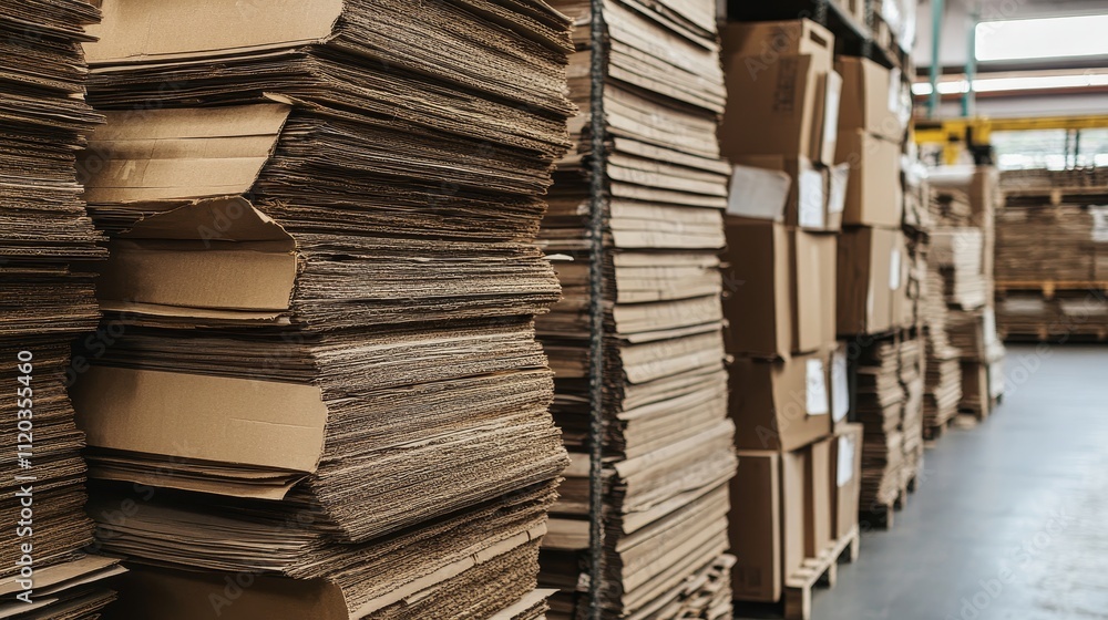 Obraz premium Stacked Cardboard Sheets in Warehouse: Sustainable Packaging Stock Photo - Cardboard sheets, warehouse storage, recycling, eco-friendly, packaging material