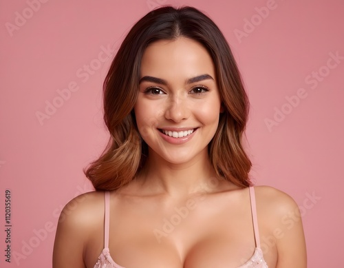 portrait of a smiling skin care gorgeous glowing skin young model woman perfect cleavage isolated on pink rose background big boobs