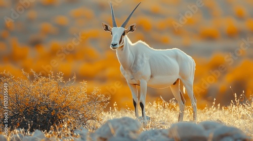 An Arabian oryx, with its striking white coat and long horns, stands elegantly amidst a golden desert landscape during the enchanting twilight hour photo