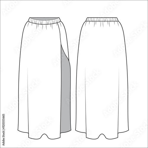 Set of asymmetric Skirts technical fashion illustration. Midi Skirts fashion flat technical drawing template, zip up, pocket, side slit, front and back view, white, women CAD mockup set.