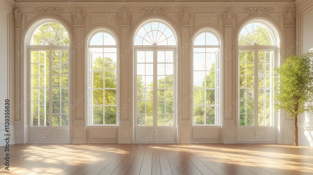 Sunlit Elegance: Grand Room with Arch Windows - Luxurious interior, sunlight streaming, arched windows, hardwood floor, tranquil nature view. Symbolizes serenity, elegance, spaciousness, nature's beau Sunlit Elegance: Grand Room with Arch Windows - Luxurious interior, sunlight streaming, arched windows, hardwood floor, tranquil nature view. Symbolizes serenity, elegance, spaciousness, nature's beau