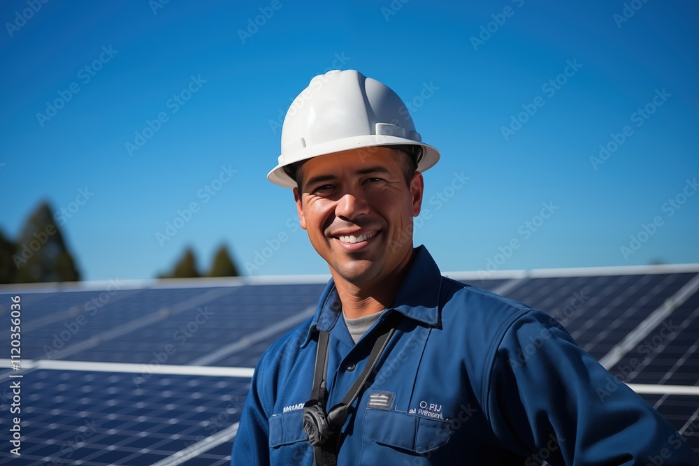 Solar Energy Technician Smiling next to Photovoltaic Panels with Blue Clean Sky on the Background Solar Energy Technician Smiling next to Photovoltaic Panels with Blue Clean Sky on the Background