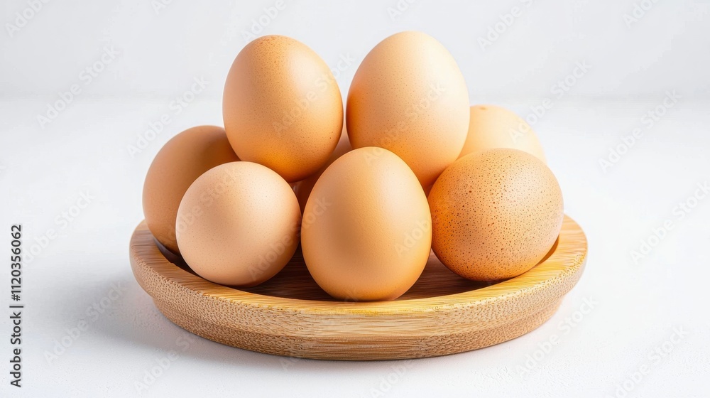 Fresh Organic Brown Eggs Displayed on Wooden Plate with Natural Light for Culinary and Healthy Eating Concept in Minimalistic Setting Fresh Organic Brown Eggs Displayed on Wooden Plate with Natural Light for Culinary and Healthy Eating Concept in Minimalistic Setting