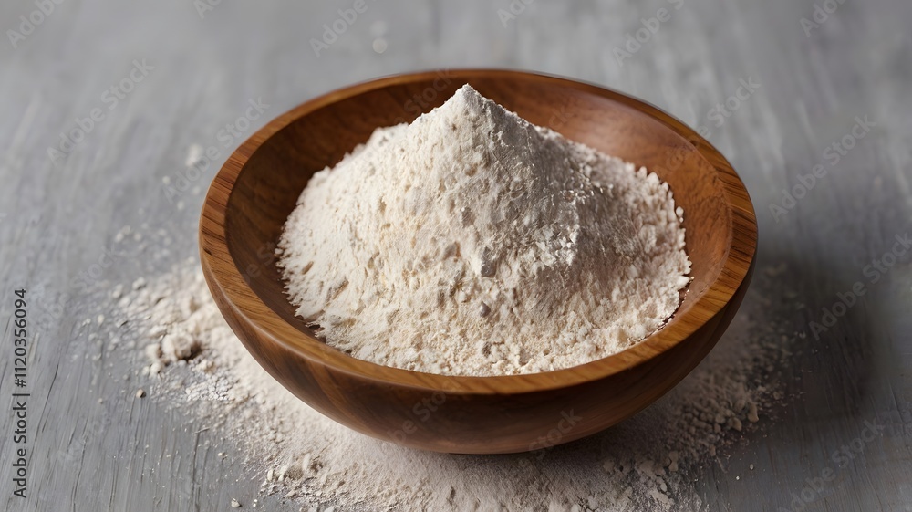 Wooden Bowl of White Flour Baking Ingredient Cooking Wooden Bowl of White Flour Baking Ingredient Cooking