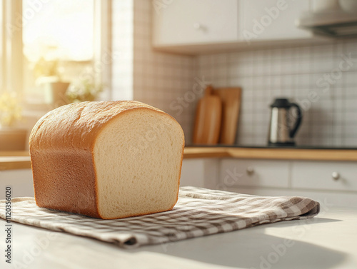 A golden brown loaf of bread placed on a cloth in a kitchen with soft light from windows shine photo