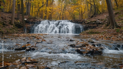 Autumn waterfall cascading through forest.
