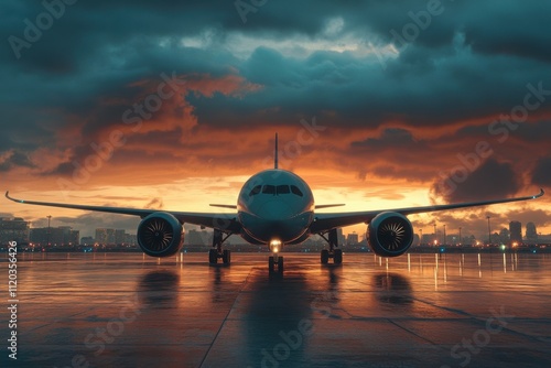 Jet taking off at dusk international airport photography cloudy sky front view aviation journey begins