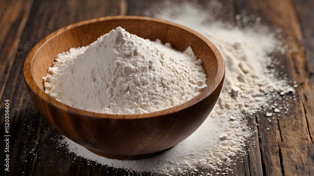 Wooden Bowl of Flour Baking Ingredient Rustic Kitchen Wooden Bowl of Flour Baking Ingredient Rustic Kitchen