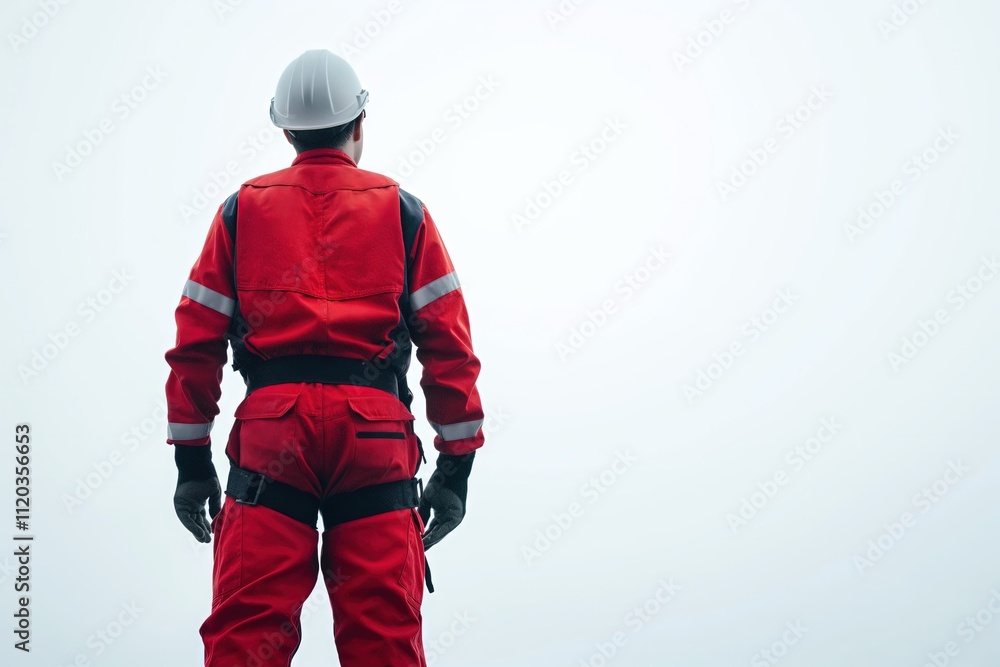 Rear View of Construction Worker in Protective Red Uniform and White Hard Hat