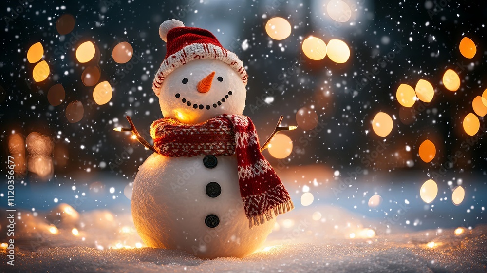 Charming Snowman in a Winter Wonderland with Christmas Lights Charming Snowman in a Winter Wonderland with Christmas Lights