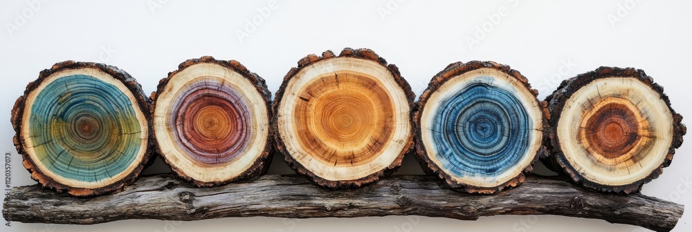 Vibrant Tree Rings: Nature's Colorful Symphony - Five stained wood slices, arranged on driftwood, symbolize growth, nature, artistry, uniqueness, and time. Vibrant Tree Rings: Nature's Colorful Symphony - Five stained wood slices, arranged on driftwood, symbolize growth, nature, artistry, uniqueness, and time.