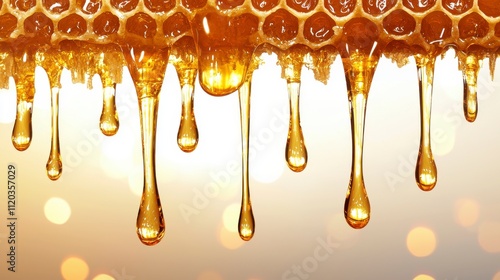 Golden Honey Dripping from Honeycomb with Soft Bokeh Background Highlights Natural Sweetness and Delicious Texture Ideal for Culinary and Health Themes photo