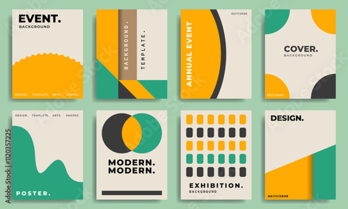 Abstract geometric modern poster design set. Minimalist geometry cover background. Trendy social media post graphic element.
