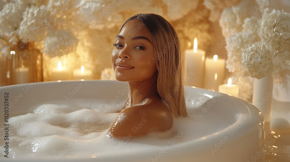 A young woman enjoys a soothing bubble bath surrounded by soft candlelight and elegant white flowers, creating a calming ambiance perfect for relaxation after a long day. A young woman enjoys a soothing bubble bath surrounded by soft candlelight and elegant white flowers, creating a calming ambiance perfect for relaxation after a long day.