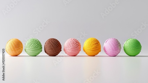 Colorful Ice Cream Scoops Displayed on a Minimalist Surface, Representing a Variety of Flavors and Textures for Summer Treats and Dessert Imagery