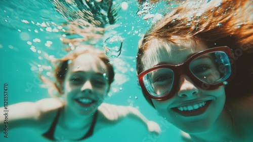 Joyful Children Swimming Underwater in Clear Blue Pool Water, Cheerful Expressions and Colorful Sunglasses Create a Vibrant Scene of Summer Fun and Playfulness