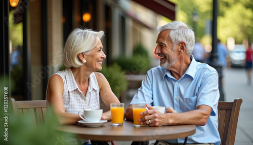 Happy Senior Couple Enjoying a Cafe Date photo