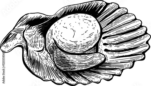 Seafood Hand drawn isolated illustration. Scallop photo