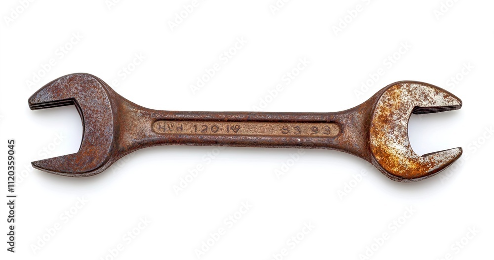 An old, rusty open-end wrench on a white background An old, rusty open-end wrench on a white background