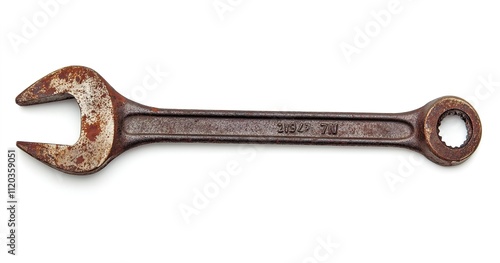 An old, rusty open-end wrench on a white background